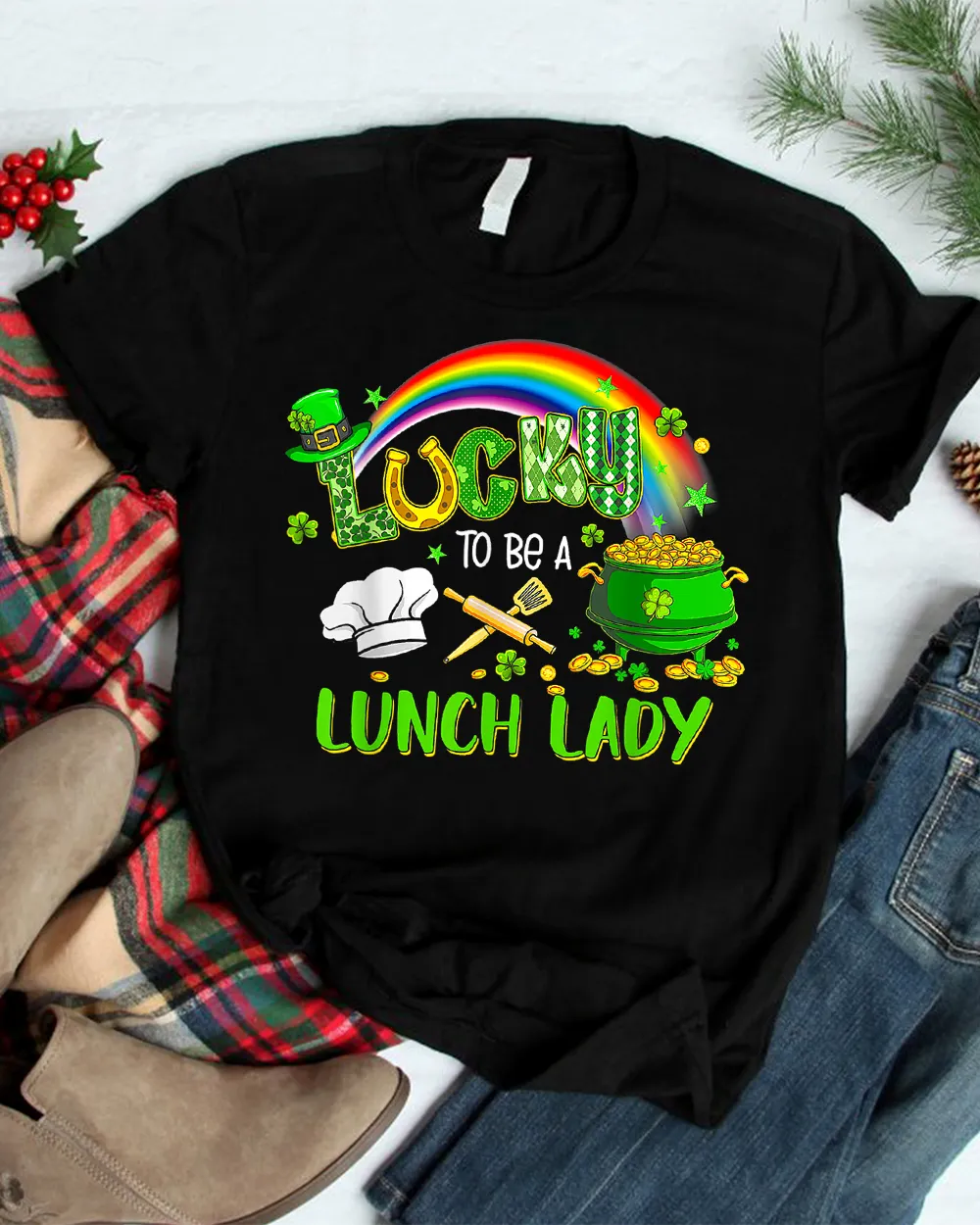 Lucky To Be A Lunch Lady T Shirt School St Patricks Day T T-Shirt Unisex Standard T-Shirt black s
