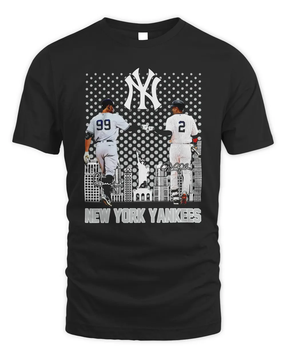 Official New York Yankees Aaron Judge 99 Derek Jeter 2 Player Signatures Baseball Skyline City Poster Sport Shirts Unisex Standard T-Shirt black s