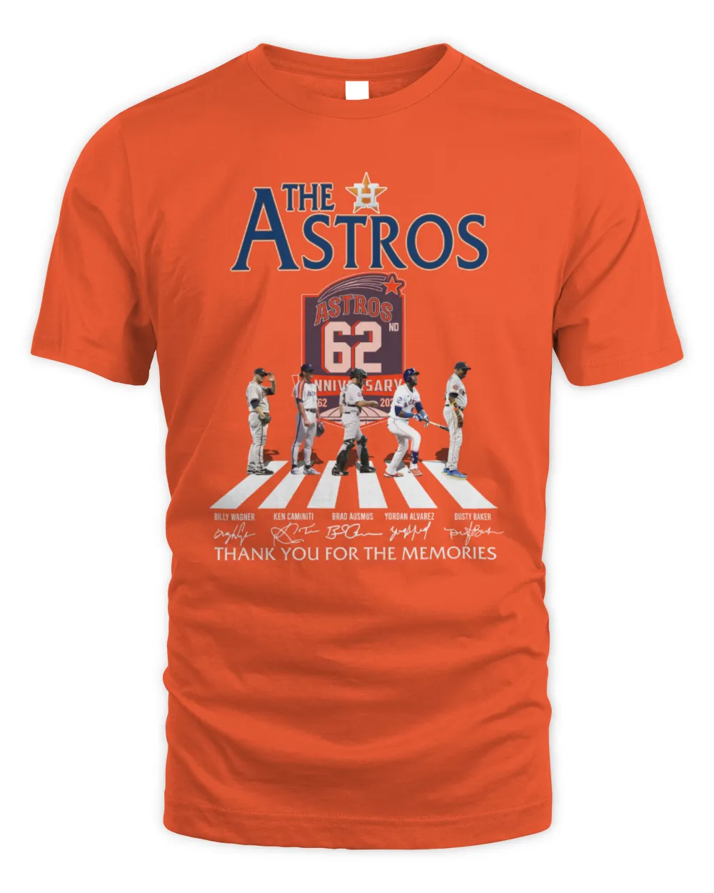 The Houston Astros 62 Years 1962-2024 Signature Thank You For The Memories Tee Unisex Standard T-Shirt orange s