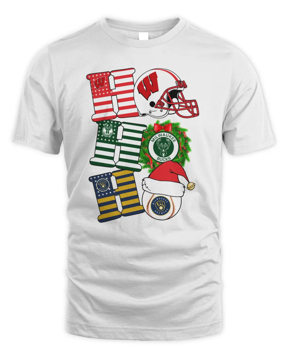 Ho Ho Ho Wisconsin Badgers x Milwaukee Bucks And Milwaukee Brewers Christmas Shirt Unisex Standard T-Shirt white s