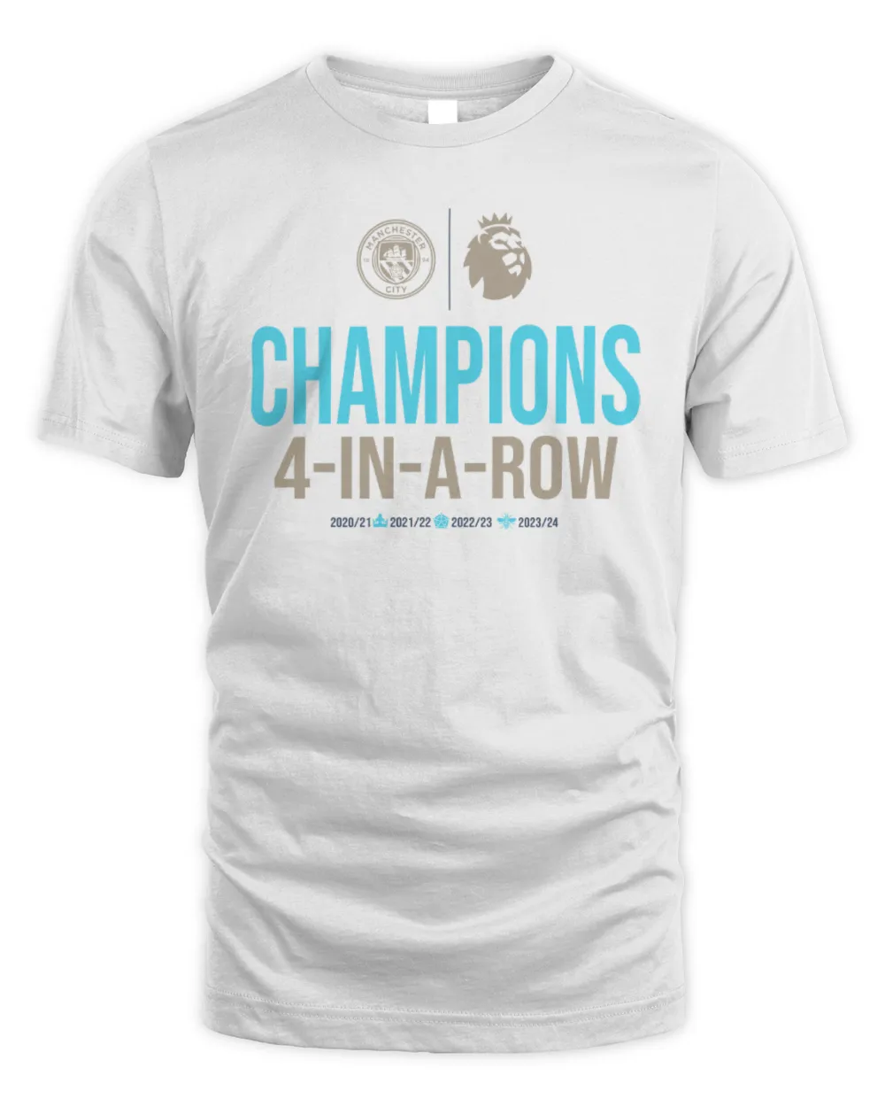 Manchester City Four In A Row Premier League Victory 4 In A Row 2023-24 Tee Unisex Standard T-Shirt white s