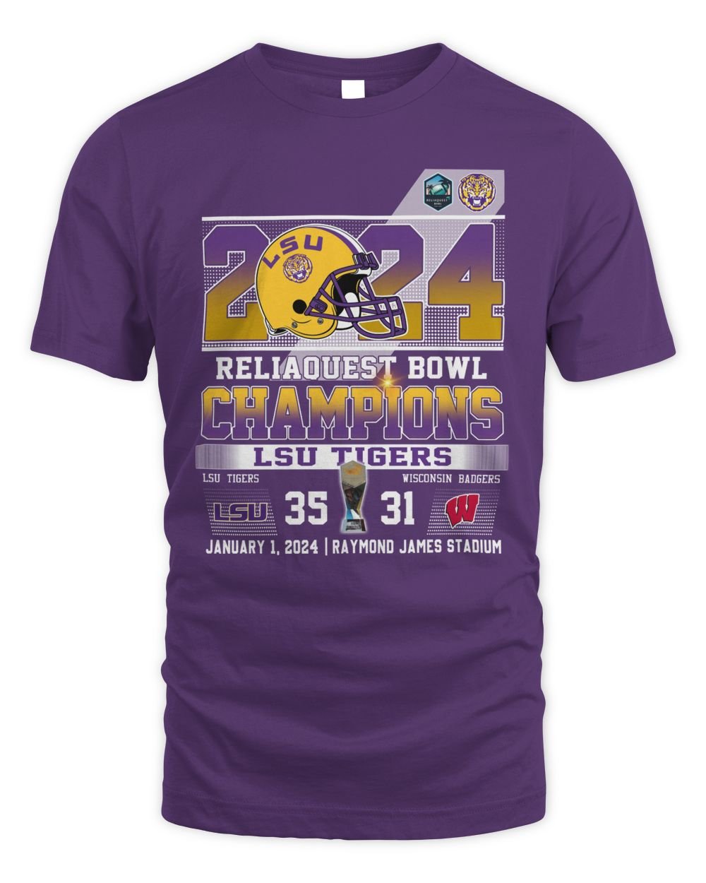 2024 Reliaquest Bowl Champions LSU Tigers 35-31 Wisconsin Badgers Jan 1, 2024 Raymond James Stadium Tee Unisex Standard T-Shirt purple s