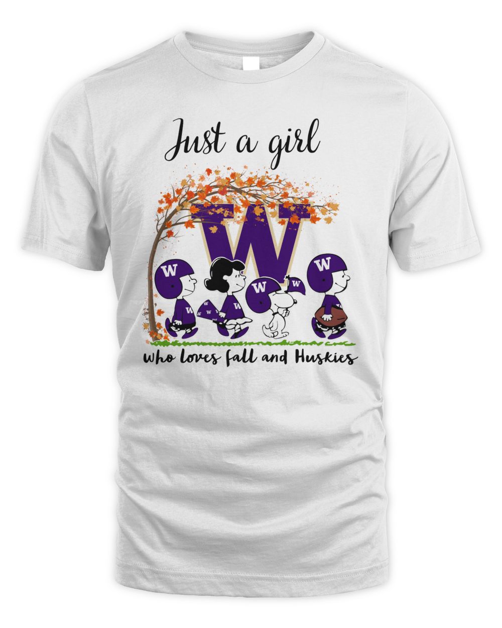 Just A Woman Who Loves Fall And Washington Huskies Peanuts Cartoon 2023 Hoodie Sweatshirt Unisex Standard T-Shirt white s