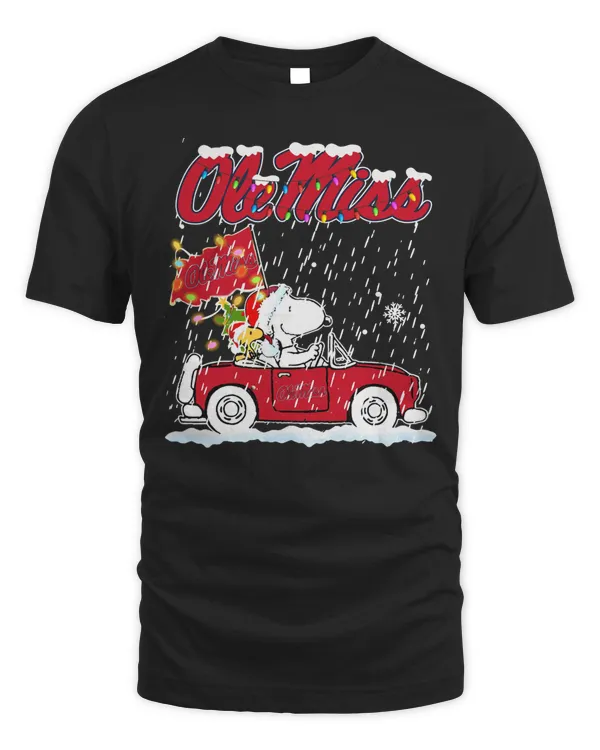 Peanuts Snoopy And Woodstock Drive A Car Ole Miss Rebels Cartoon Football Christmas Gift Shirt