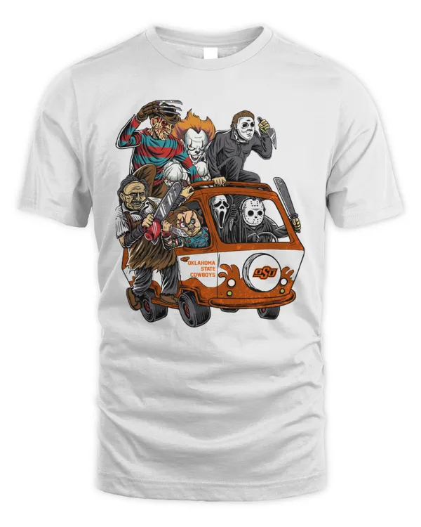 Oklahoma State Cowboys Horror Movies Characters Bus Halloween 2023 T-Shirt New