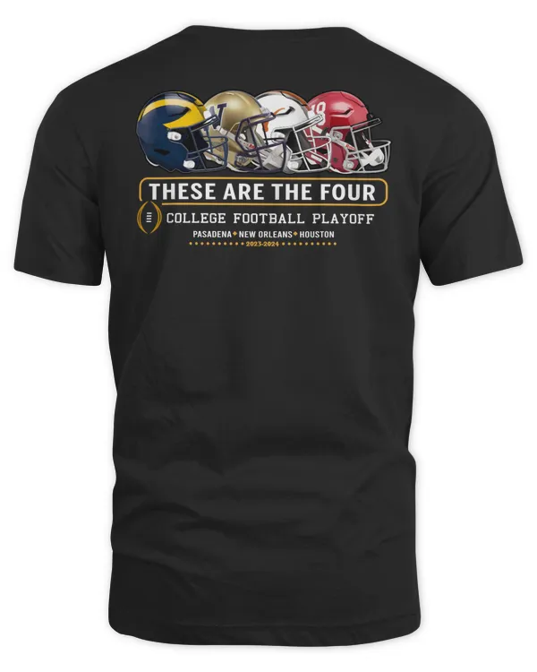 Black 2023 College Football Playoff Bound Four Team Helmet Shirt Michigan x Washington x Texas x Alabama