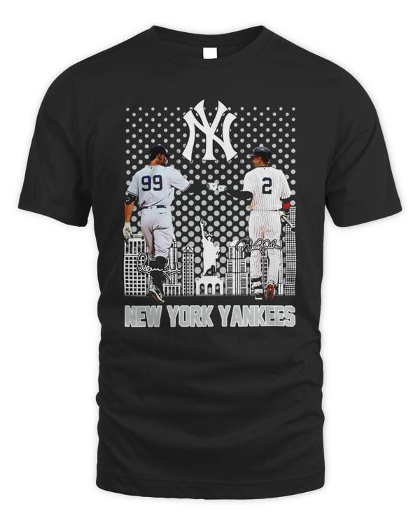 Official New York Yankees Aaron Judge 99 Derek Jeter 2 Player Signatures Baseball Skyline City Poster Sport Shirts