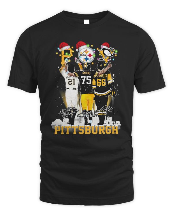 Pittsburgh City Sports Clemente Greene And Lemieux Santa Hat Christmas Shirt Black