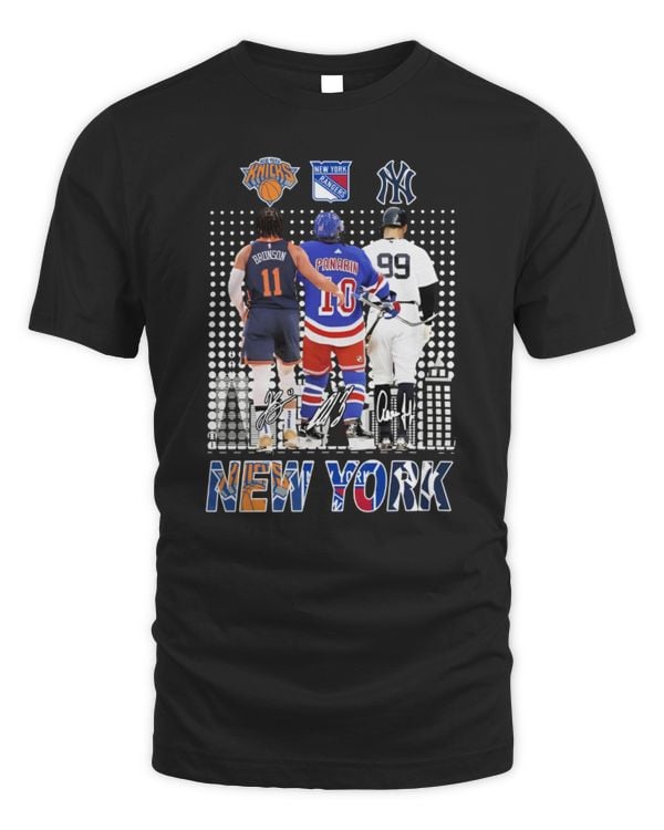 Official New York Sports Teams Jalen Brunson And Aaron Judge And Artemi Panarin Signatures Tee