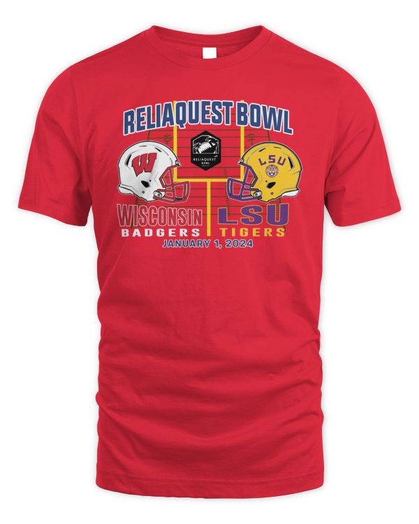 Wisconsin Badgers Lsu Tigers 2024 Dueling Helmets Reliaquest Bowl Jan 1 Shirt Red