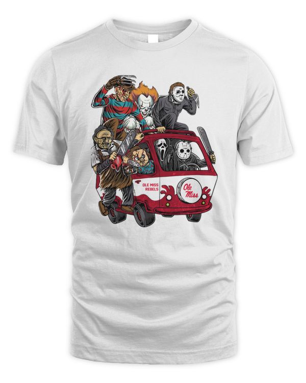 Ole Miss Rebels x Horror Movies Characters Bus Halloween Tee White