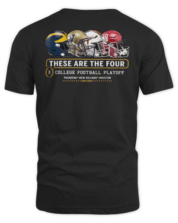 Black 2023 College Football Playoff Bound Four Team Helmet Shirt Michigan x Washington x Texas x Alabama